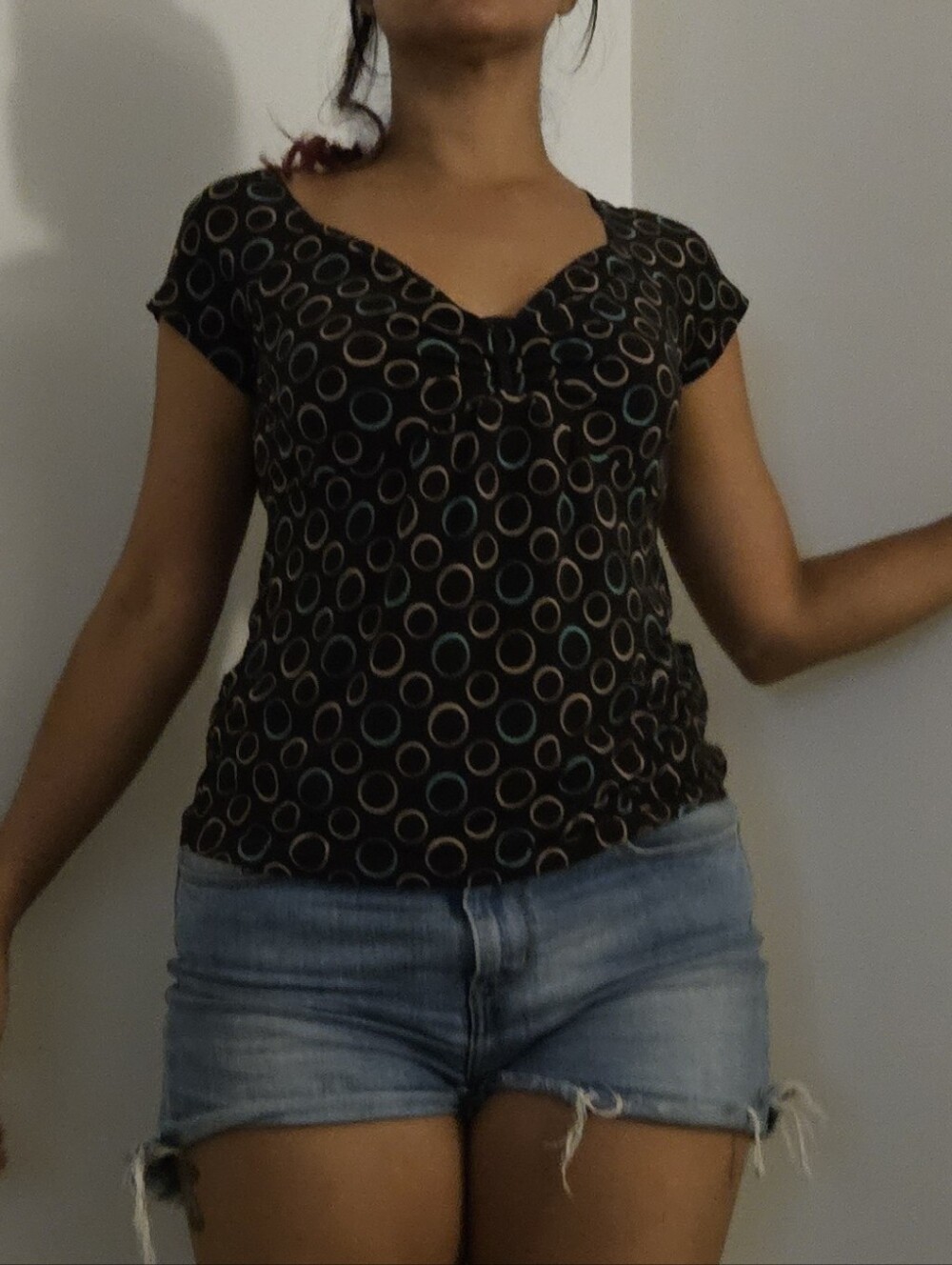 Black Short Sleeve V-Neck Circle Print Top